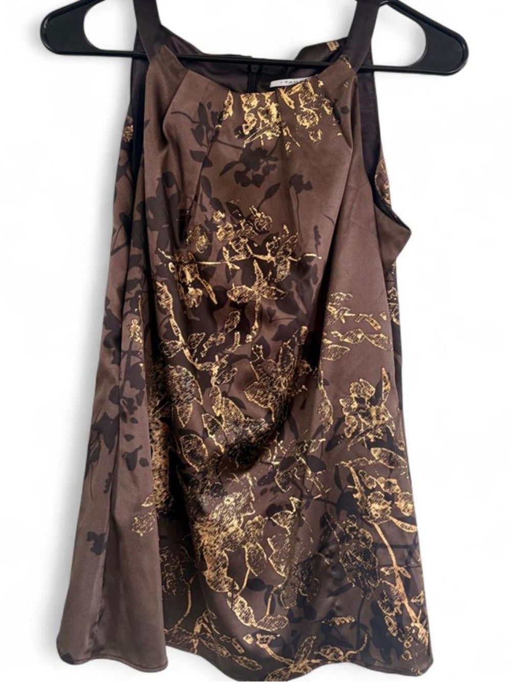 T Tahari Gold Metallic Floral Satin Halter Pleated Blouse Top Size Small